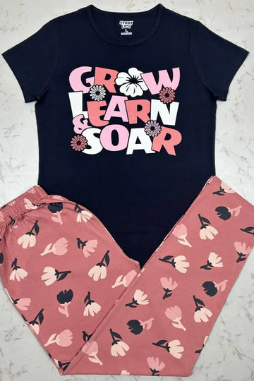 Dark Navy Tulip Style Flower Pyjamas Set