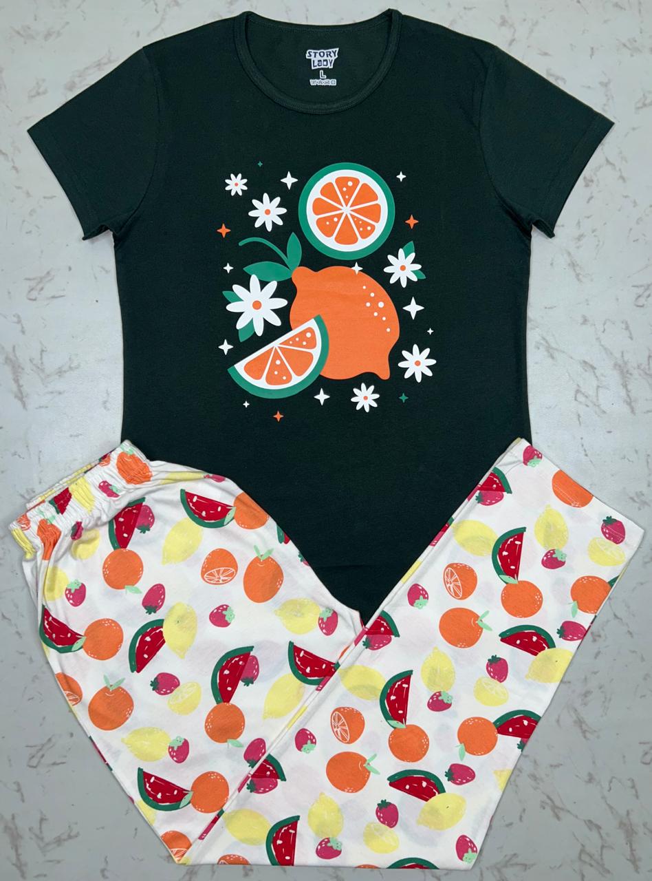 Green with Fruit Print Pyjamas Set