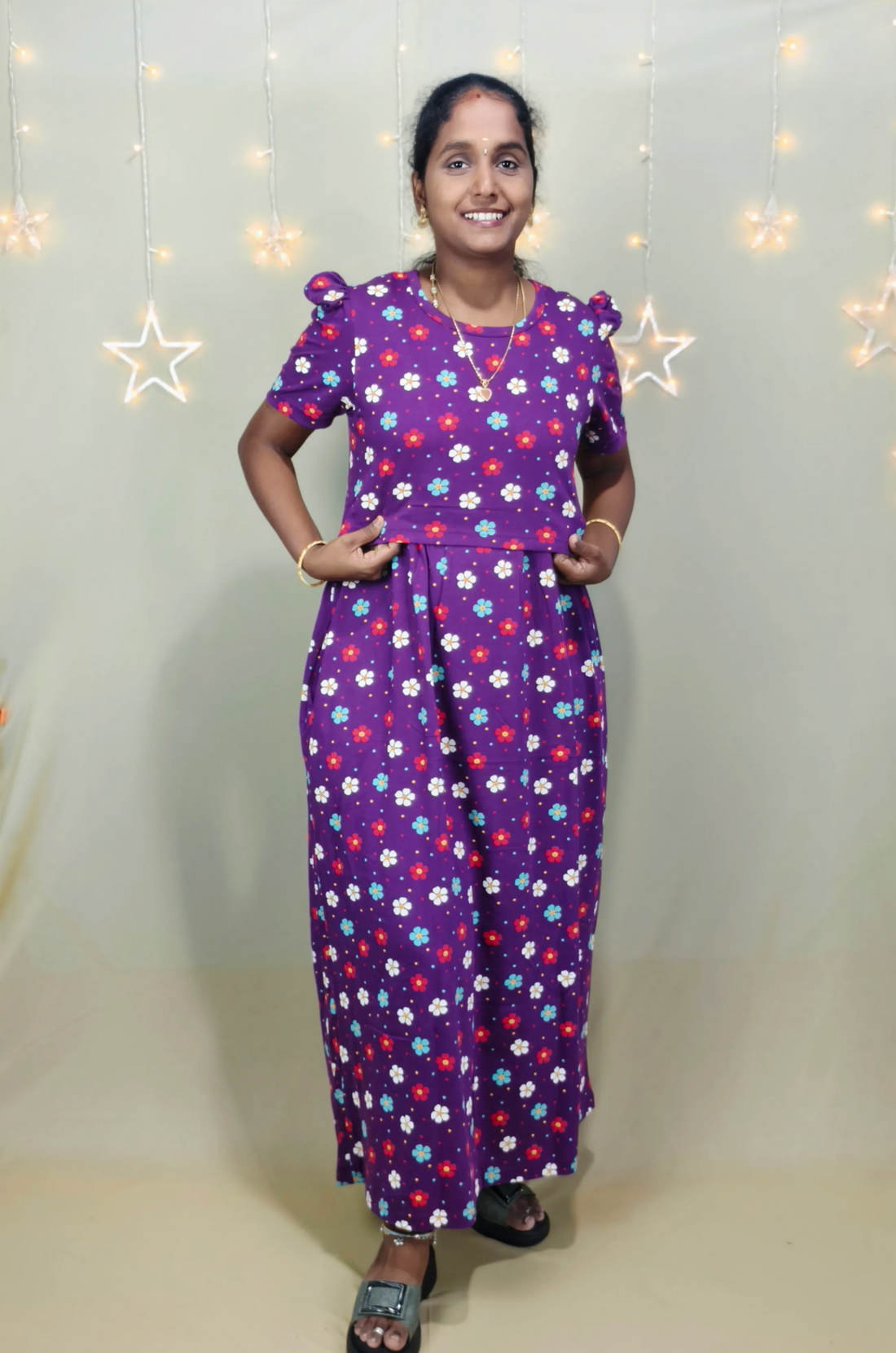 Purple Flower Print Zipless Maternity Maxi