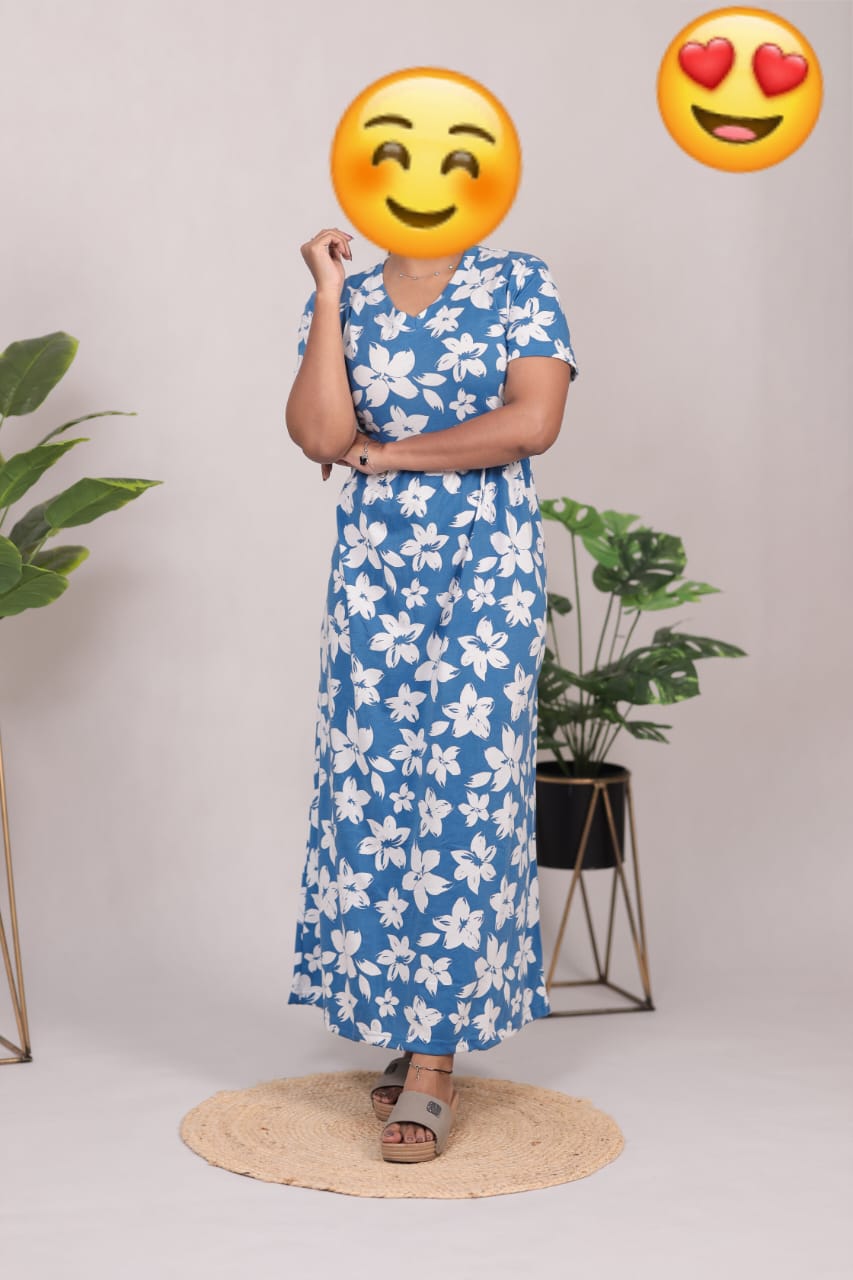 BLUE FLOWER  PRINTED V -NECK NON FEEDING MAXI
