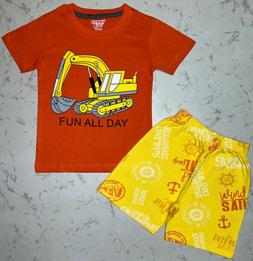 ORANGE PRINT  TSHIRT SHORTS SET