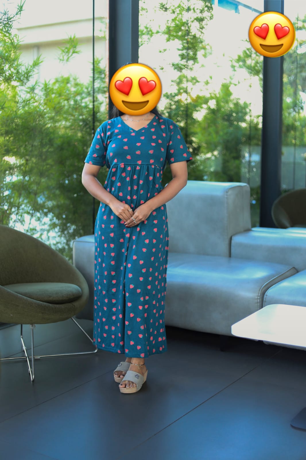 DARK GREEN STARWBERRY  PRINT V -NECK NON FEEDING MAXI