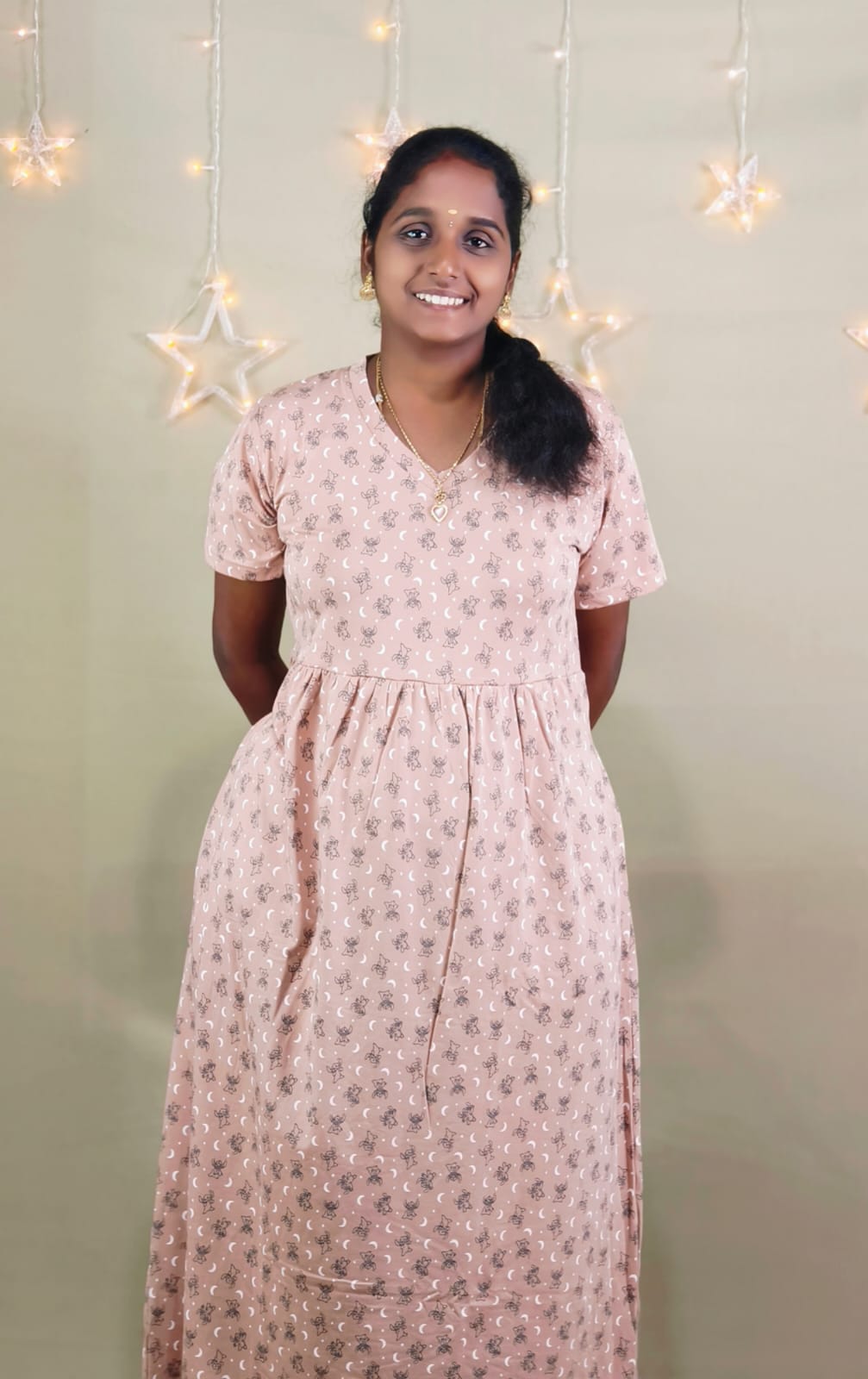 BEIGE BLACK PRINT  V -NECK NON FEEDING MAXI