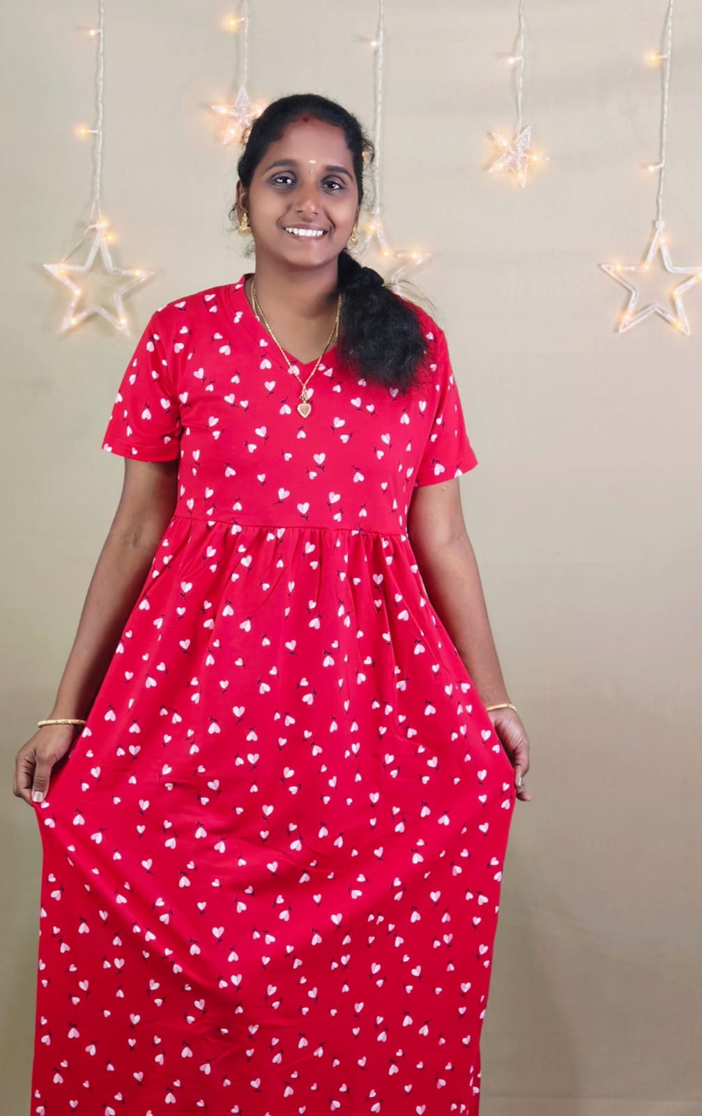 BRIGHT RED  BLACK PRINT  V -NECK NON FEEDING MAXI