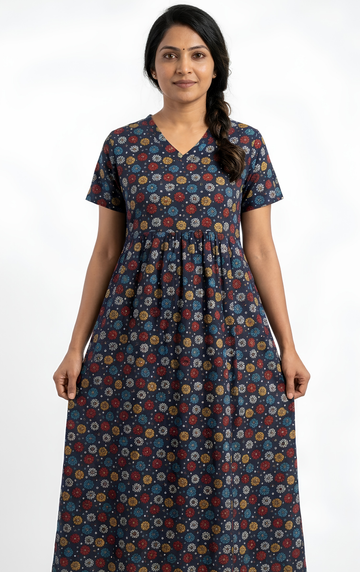 Blue dot print V neck Non feeding maxi