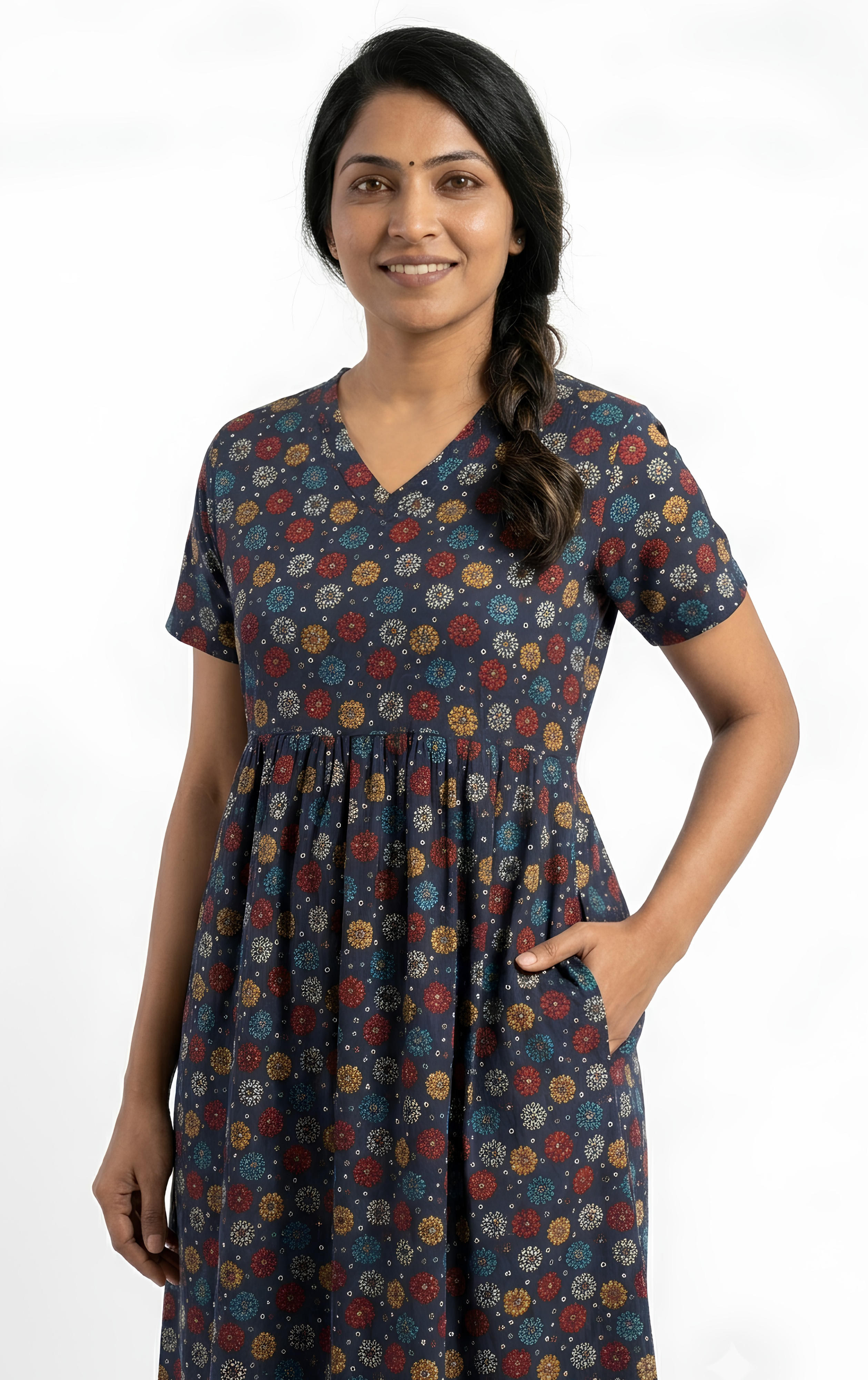 Blue dot print V neck Non feeding maxi