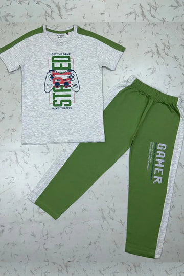 Grey With Leaf Green Full Pant Set