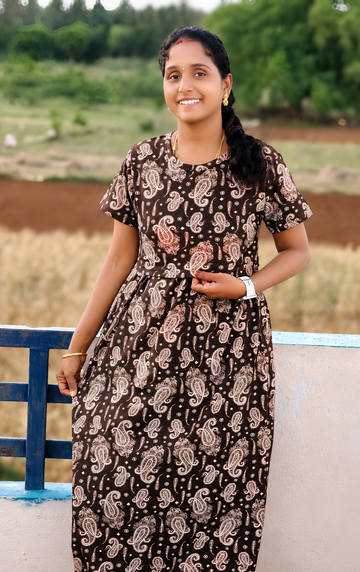 Dark Brown kalamkari print Zipless feeding maxi