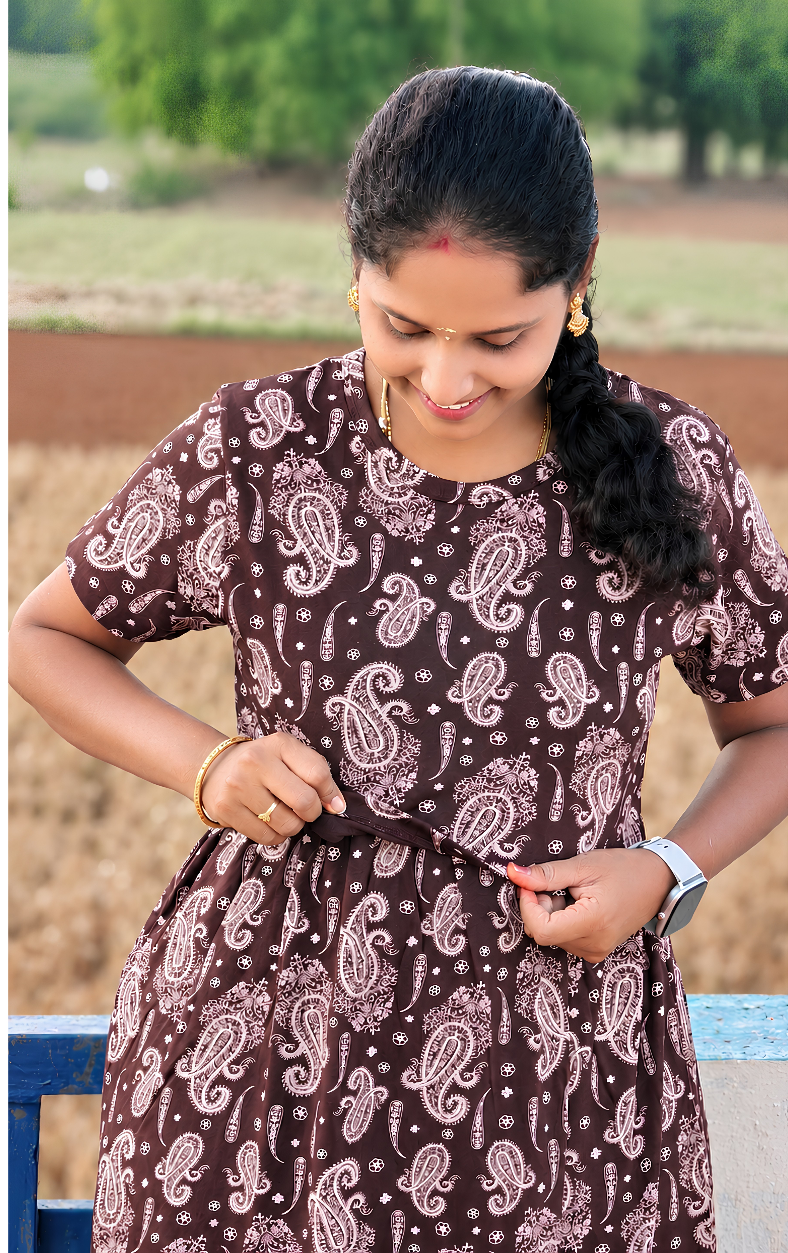Dark Brown kalamkari print Zipless feeding maxi