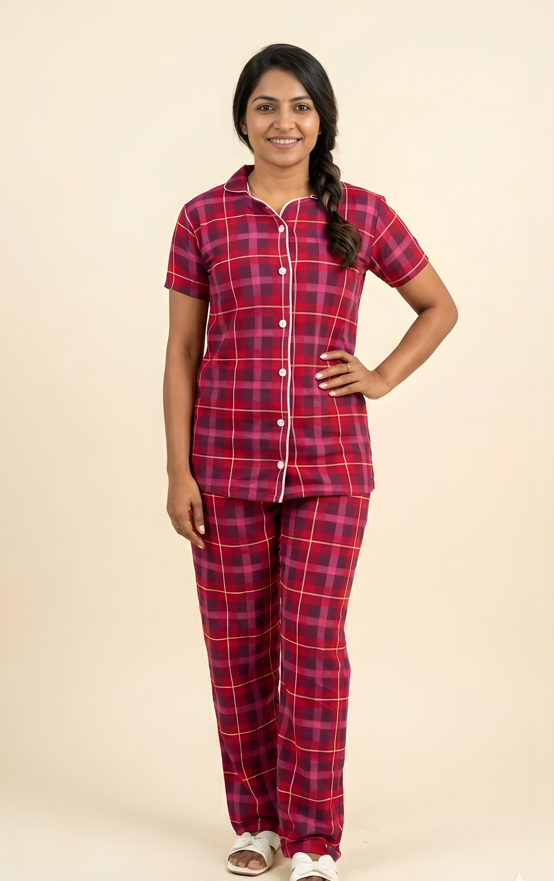 checked Red Women Night suit