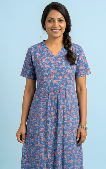 Blue floral print V neck Non feeding maxi