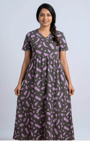 Light green feather print V neck Non feeding maxi