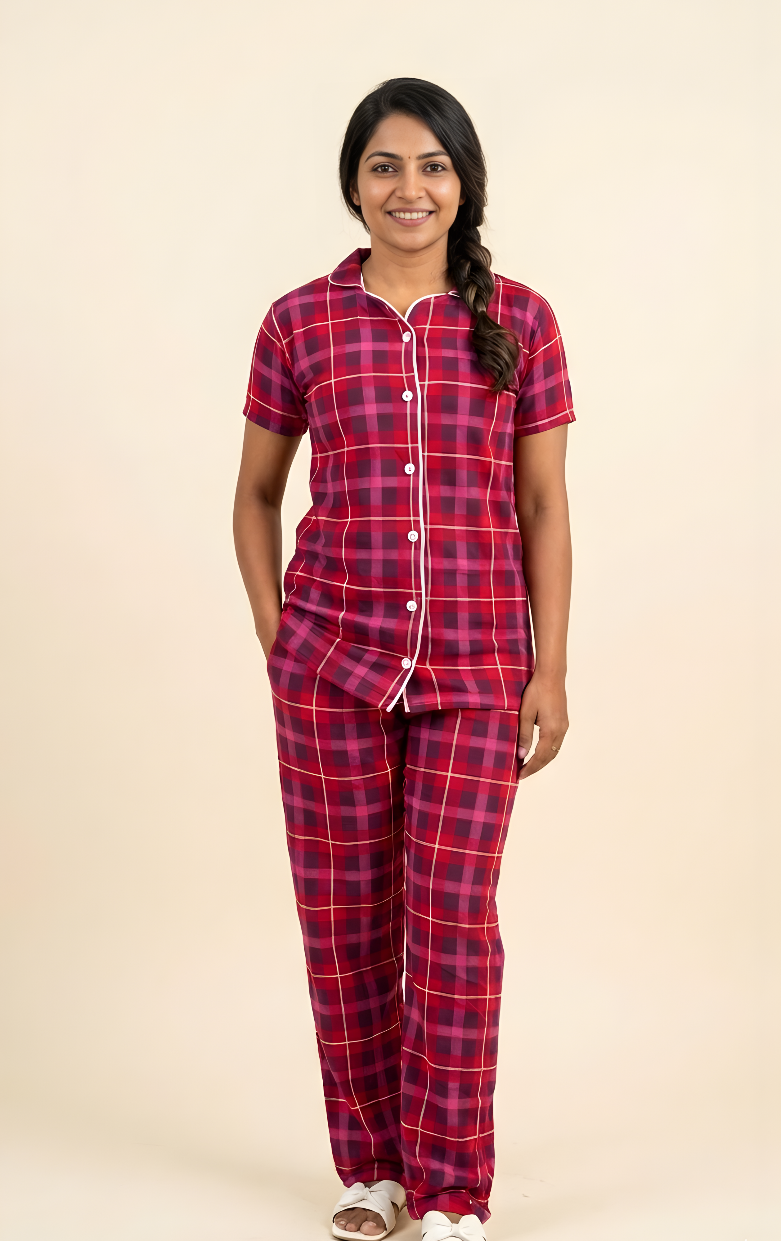 checked Red Women Night suit
