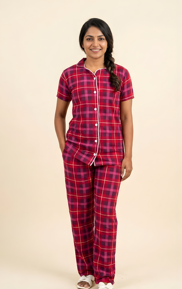 checked Red Women Night suit