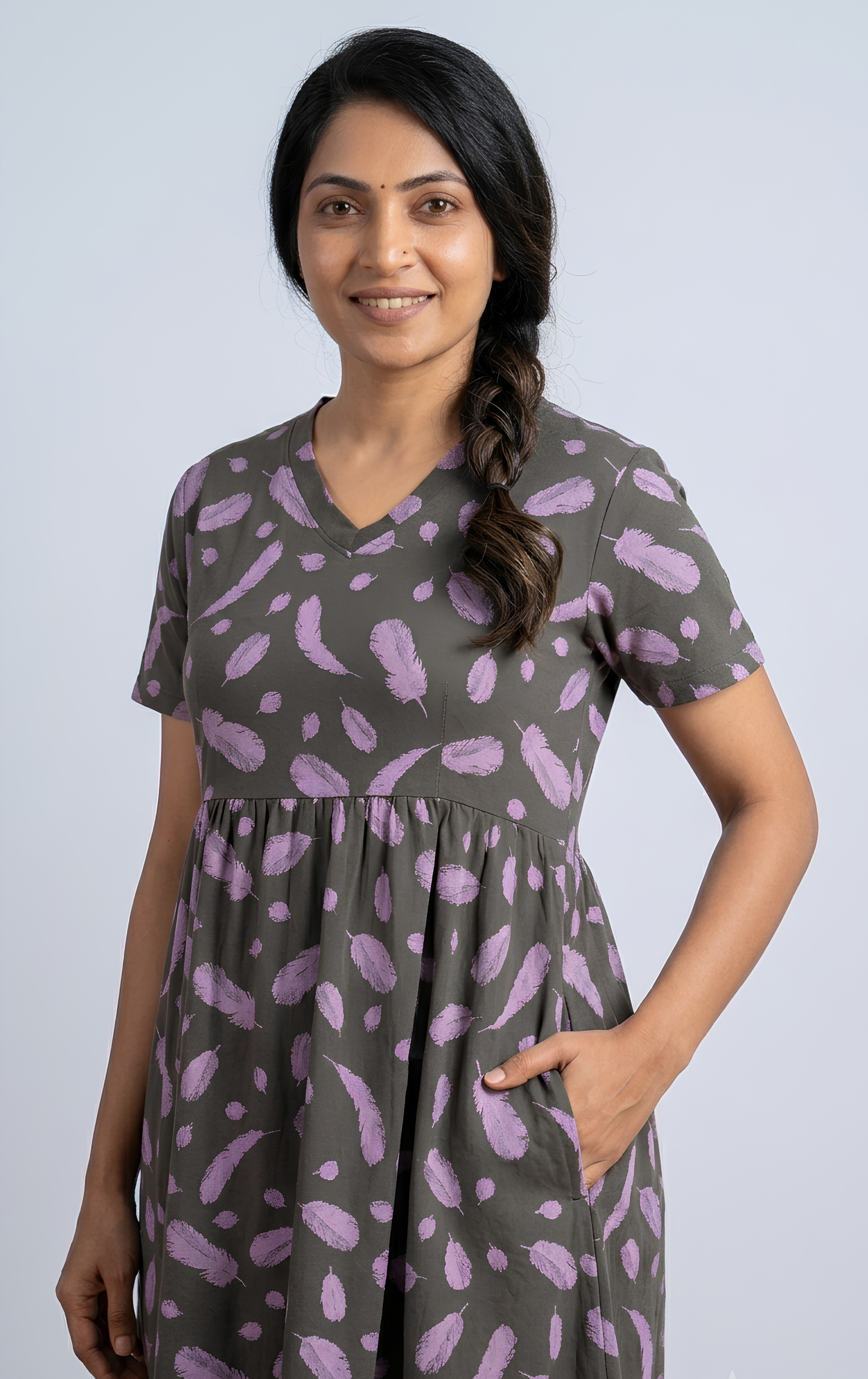 Light green feather print V neck Non feeding maxi