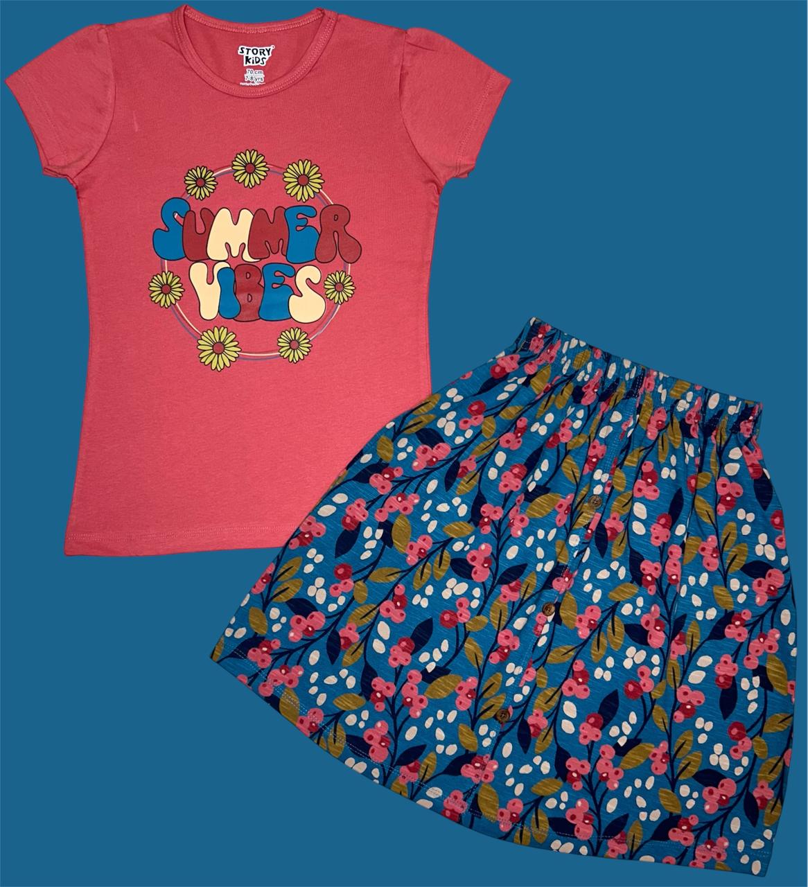 Burgudy print Tshirts Skirts Set