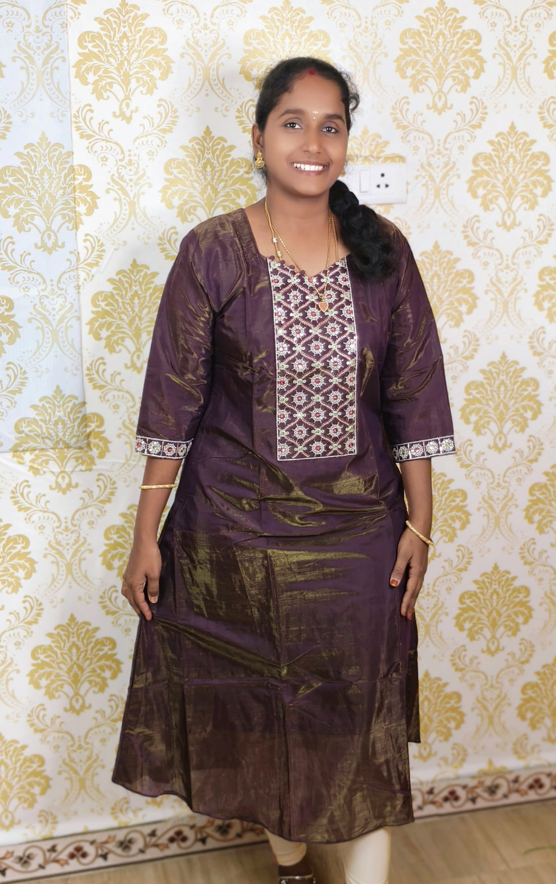 DOUBLE SHADE  WINE COLOUR  NECK DESIGN A-LINE KURTI
