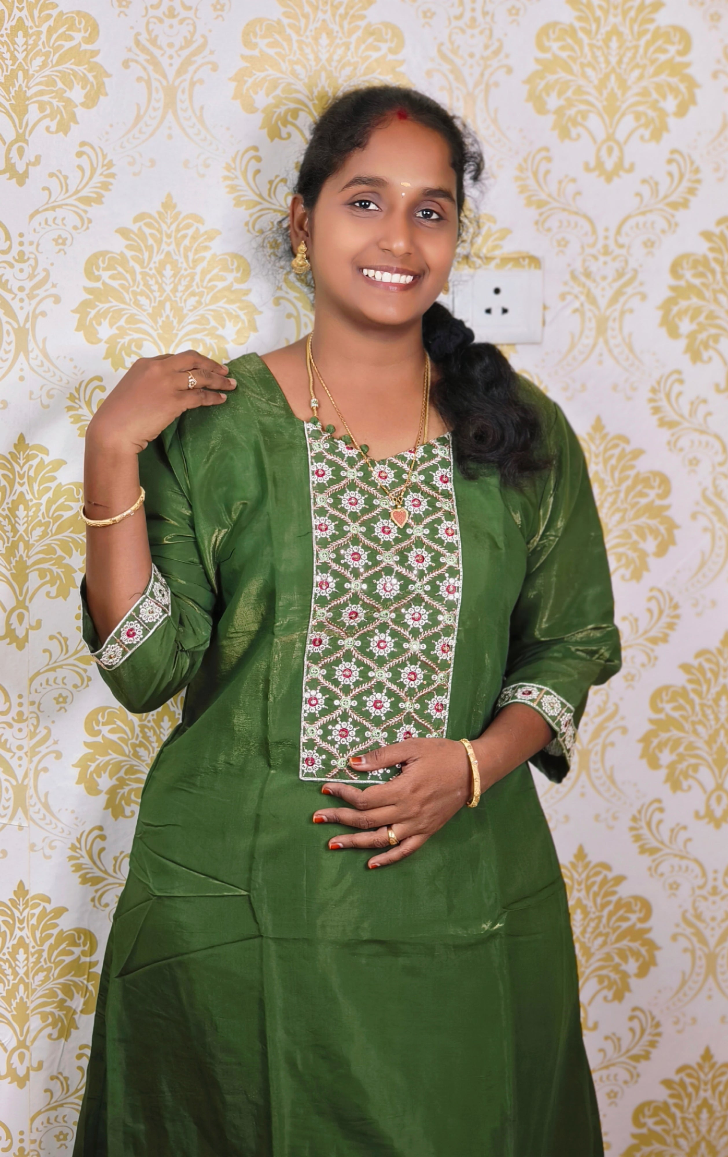 DOUBLE SHADE PISTA GREEN  NECK DESIGN A-LINE KURTI