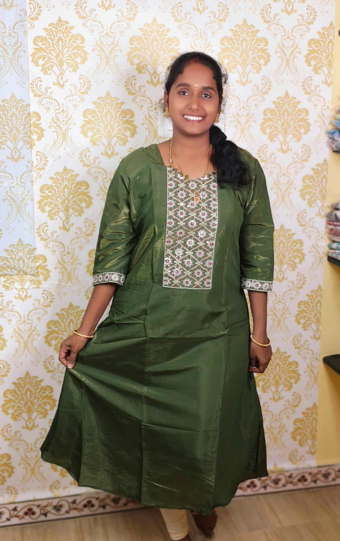 DOUBLE SHADE PISTA GREEN  NECK DESIGN A-LINE KURTI