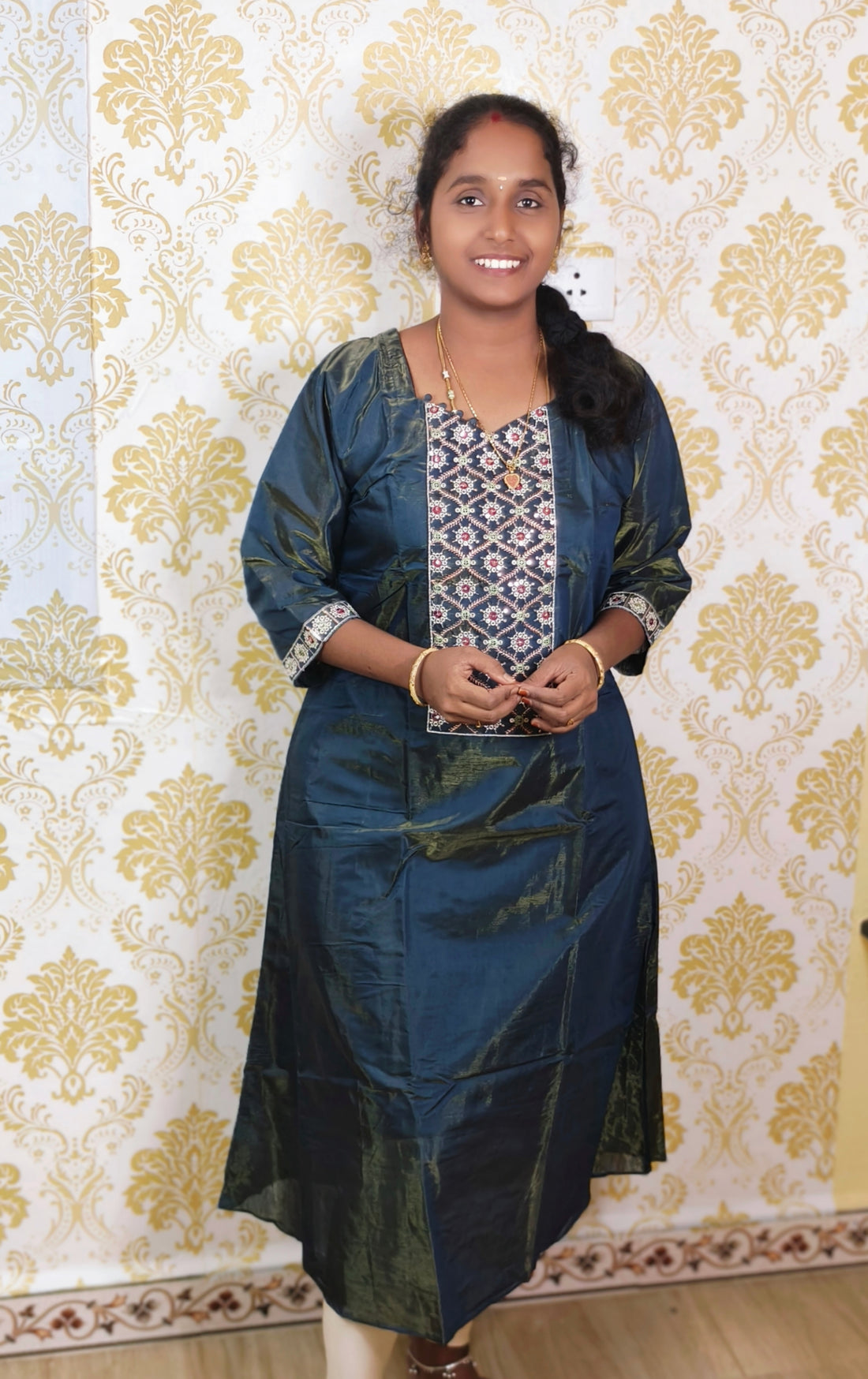 DOUBLE SHADE  BLUE NECK DESIGN A-LINE KURTI