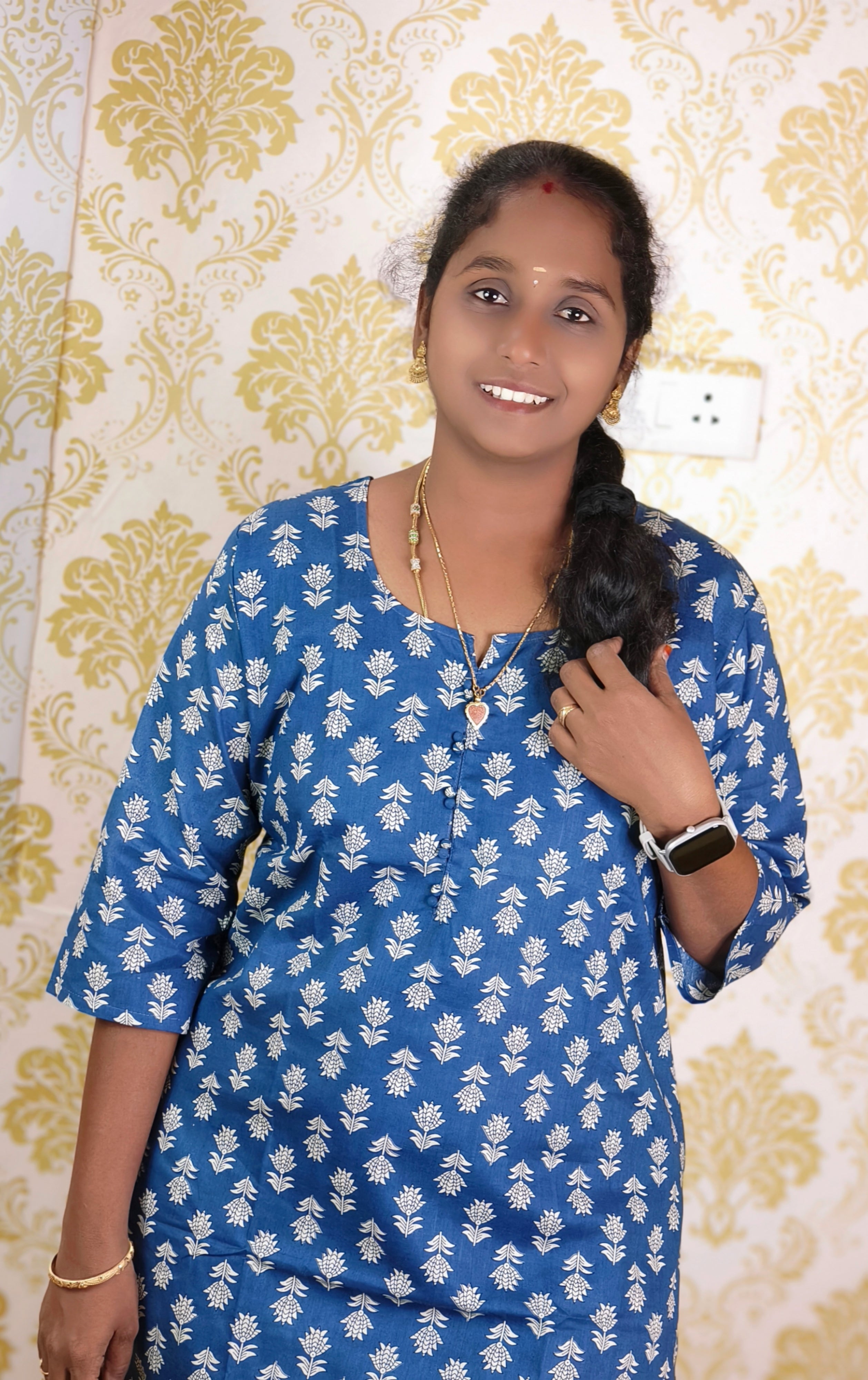 Ajrakh   blue printed side open cotton kurti