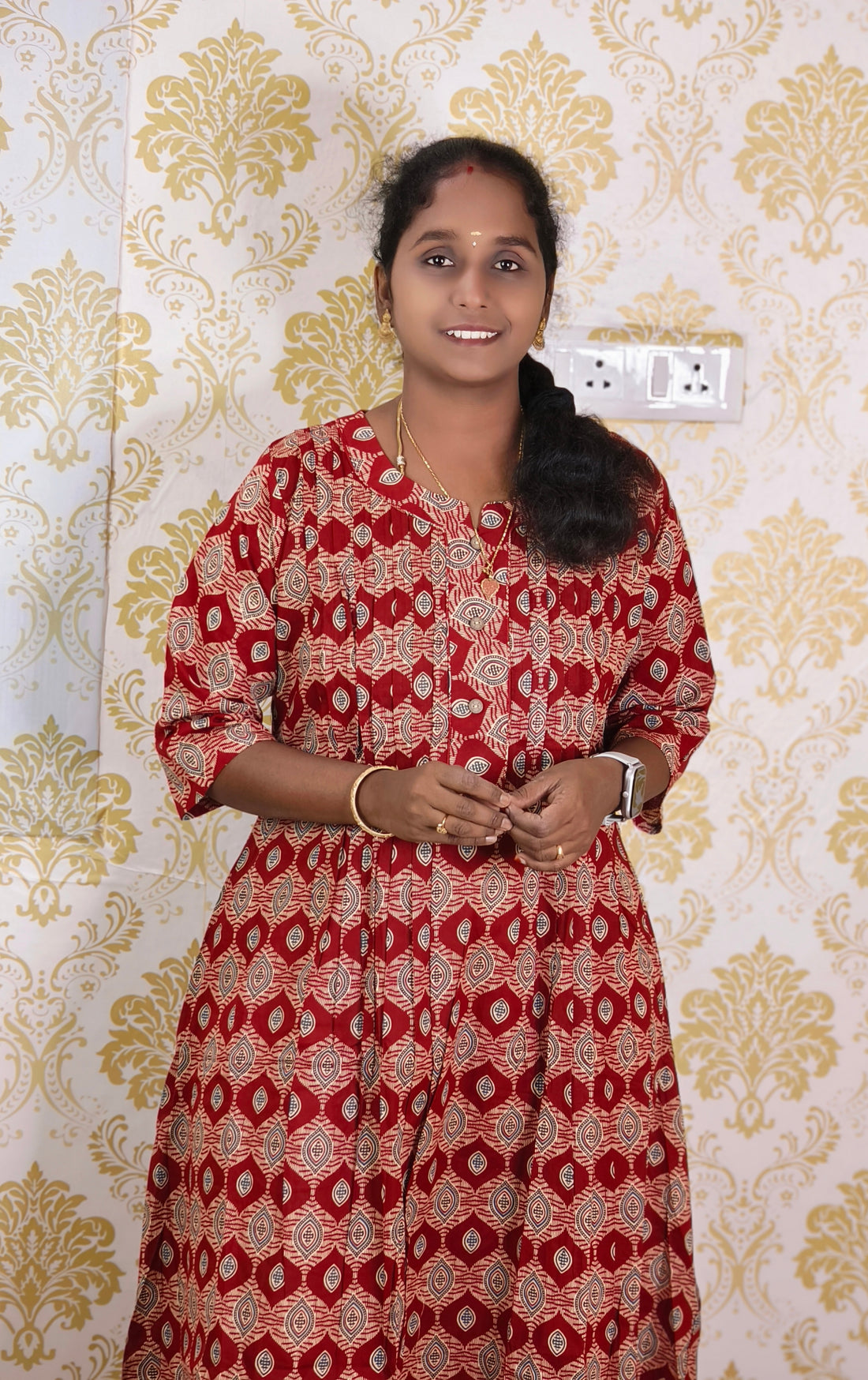Light red printed cotton kurti
