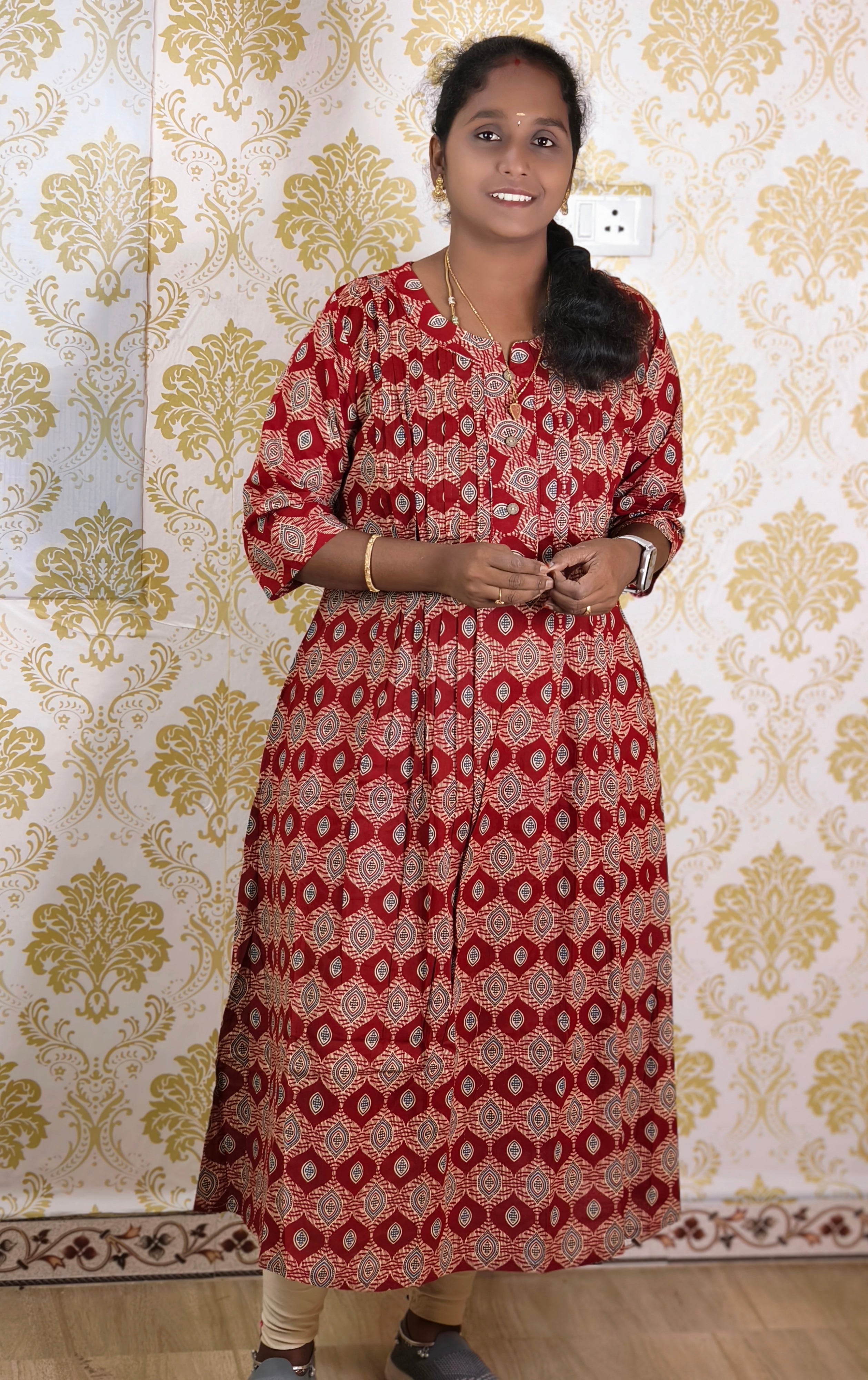 Light red printed cotton kurti