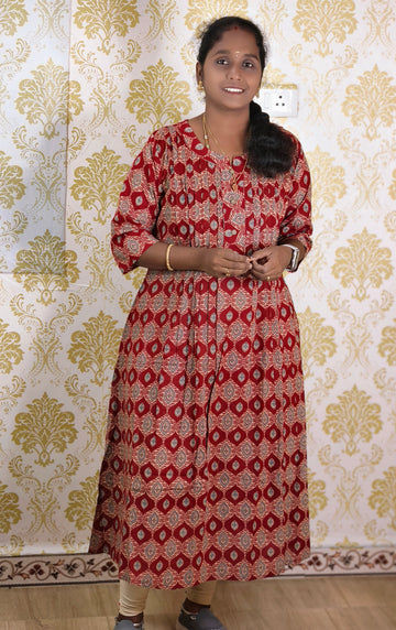 Light red printed cotton kurti