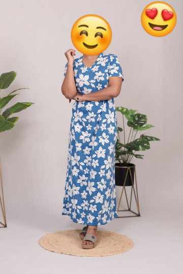 BLUE FLOWER  PRINTED V -NECK NON FEEDING MAXI