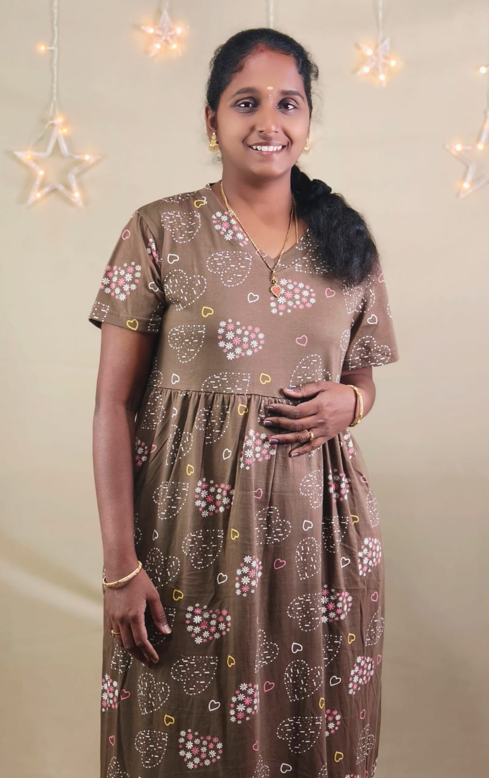 TREE BROWN HEART PRINTED  V -NECK NON FEEDING MAXI