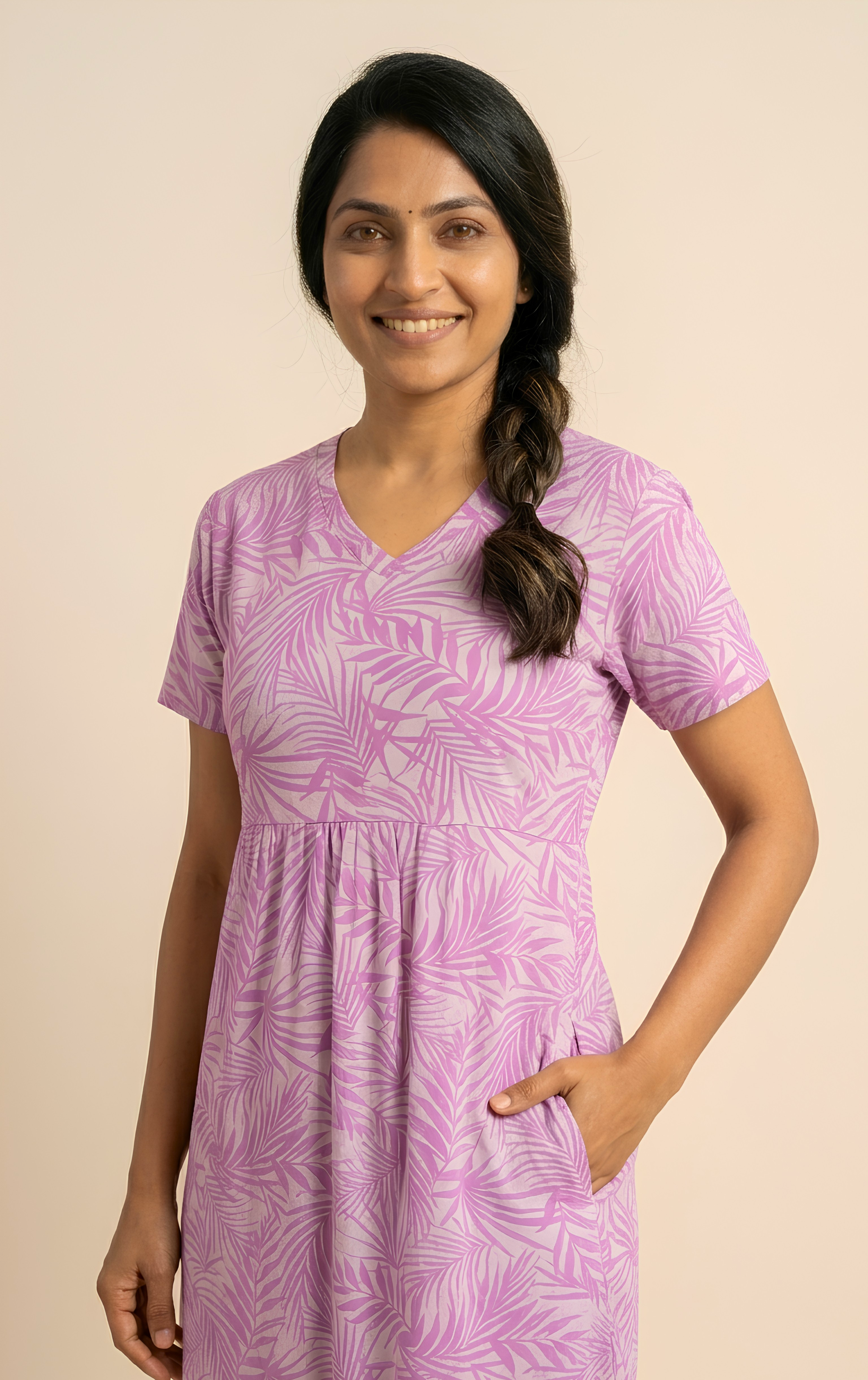 Purple leaf  print V neck Non feeding maxi