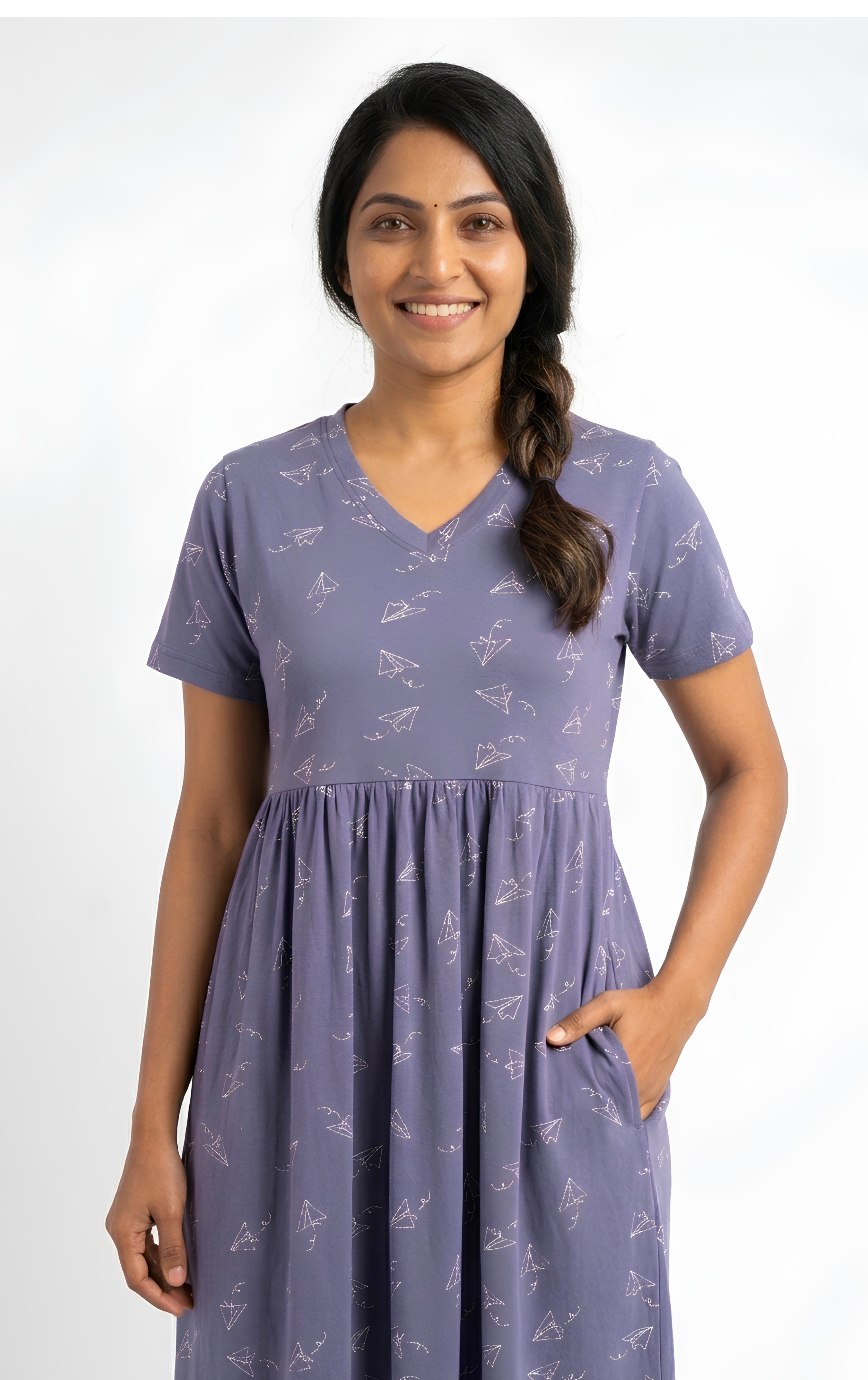 Water blue with white print V neck Non feeding maxi