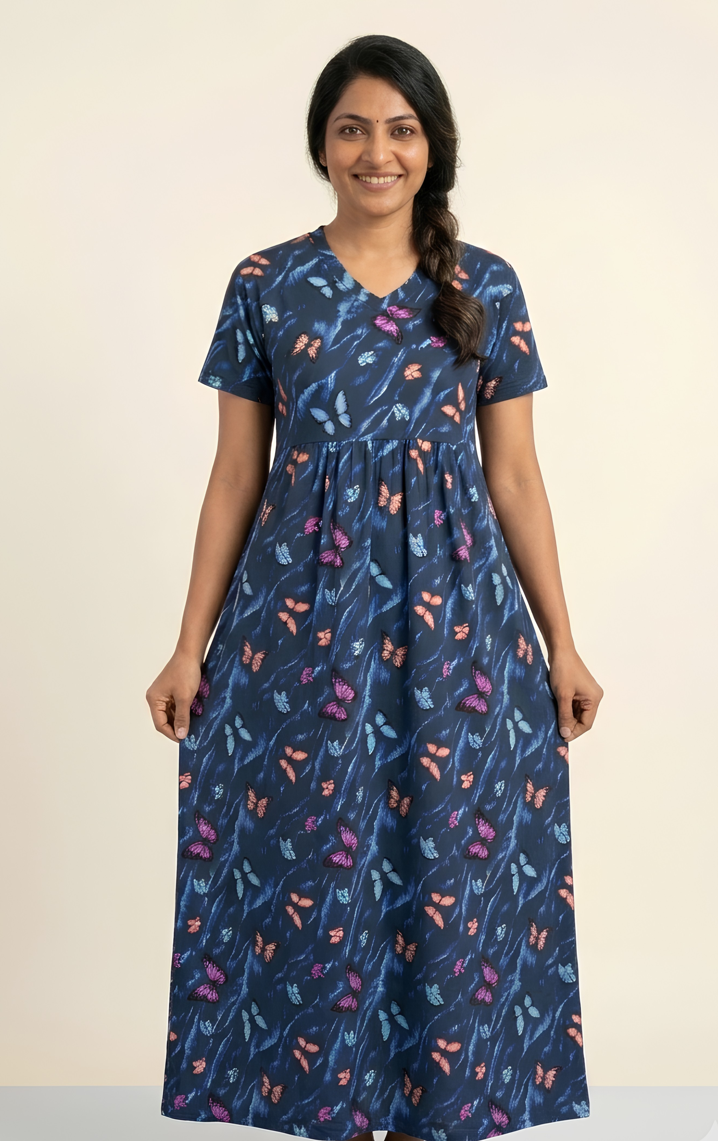Dark NavyButterfly  print V neck Non feeding maxi
