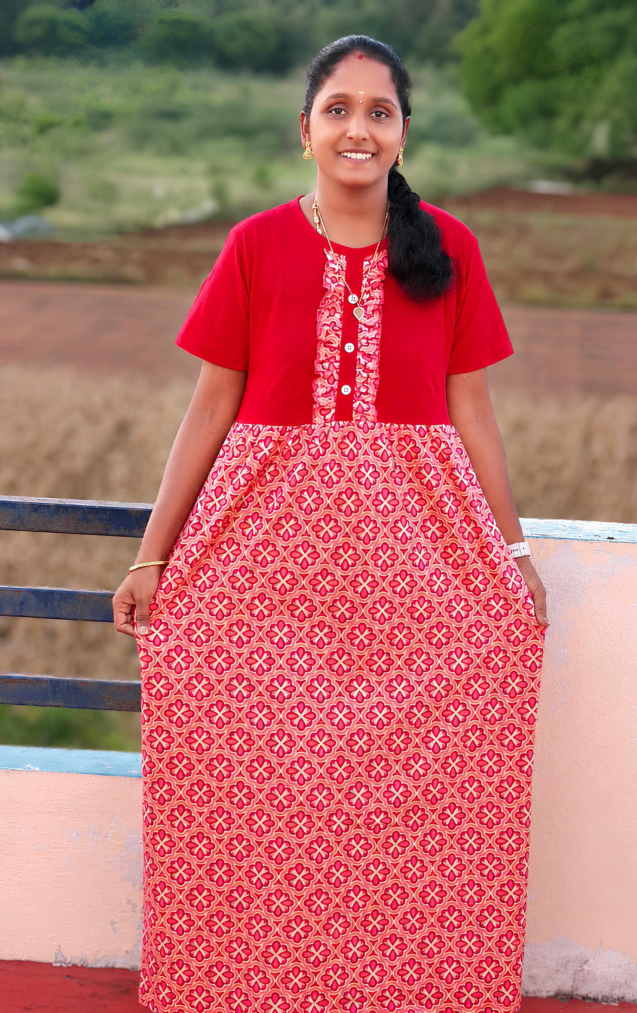 Red with multi colour print Button Non feeding maxi 🥰🤗