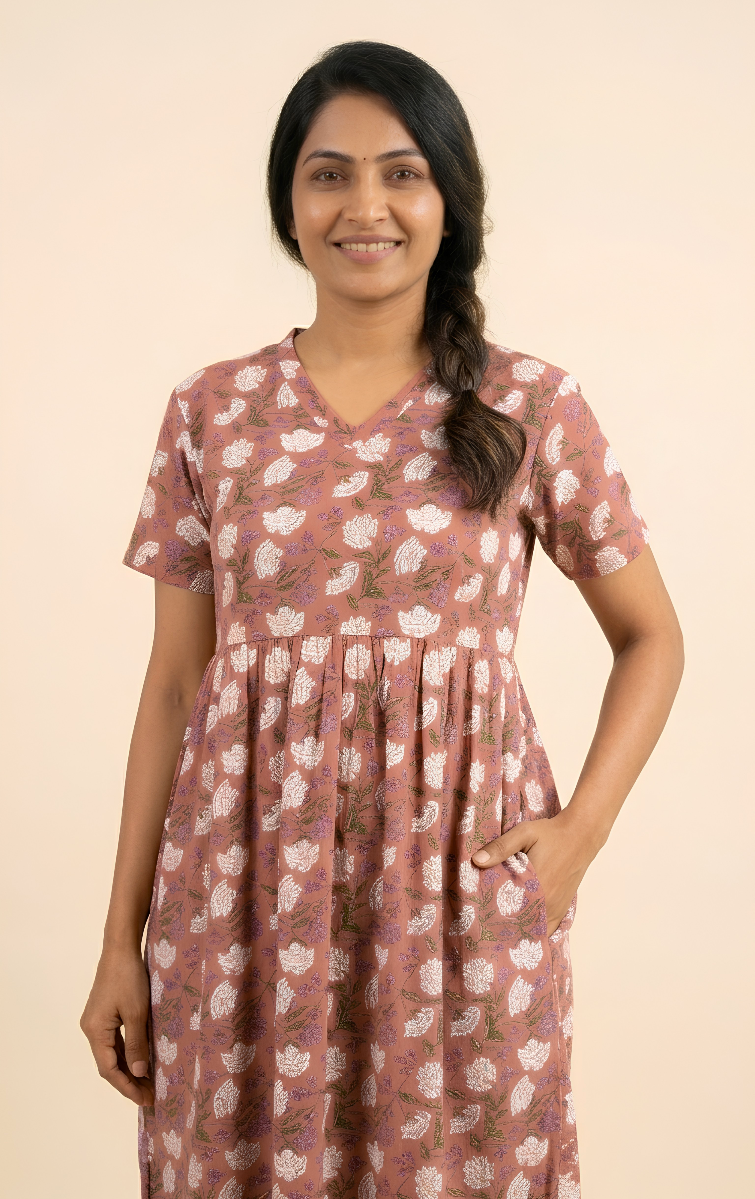 Brown flower print V neck Non feeding maxi