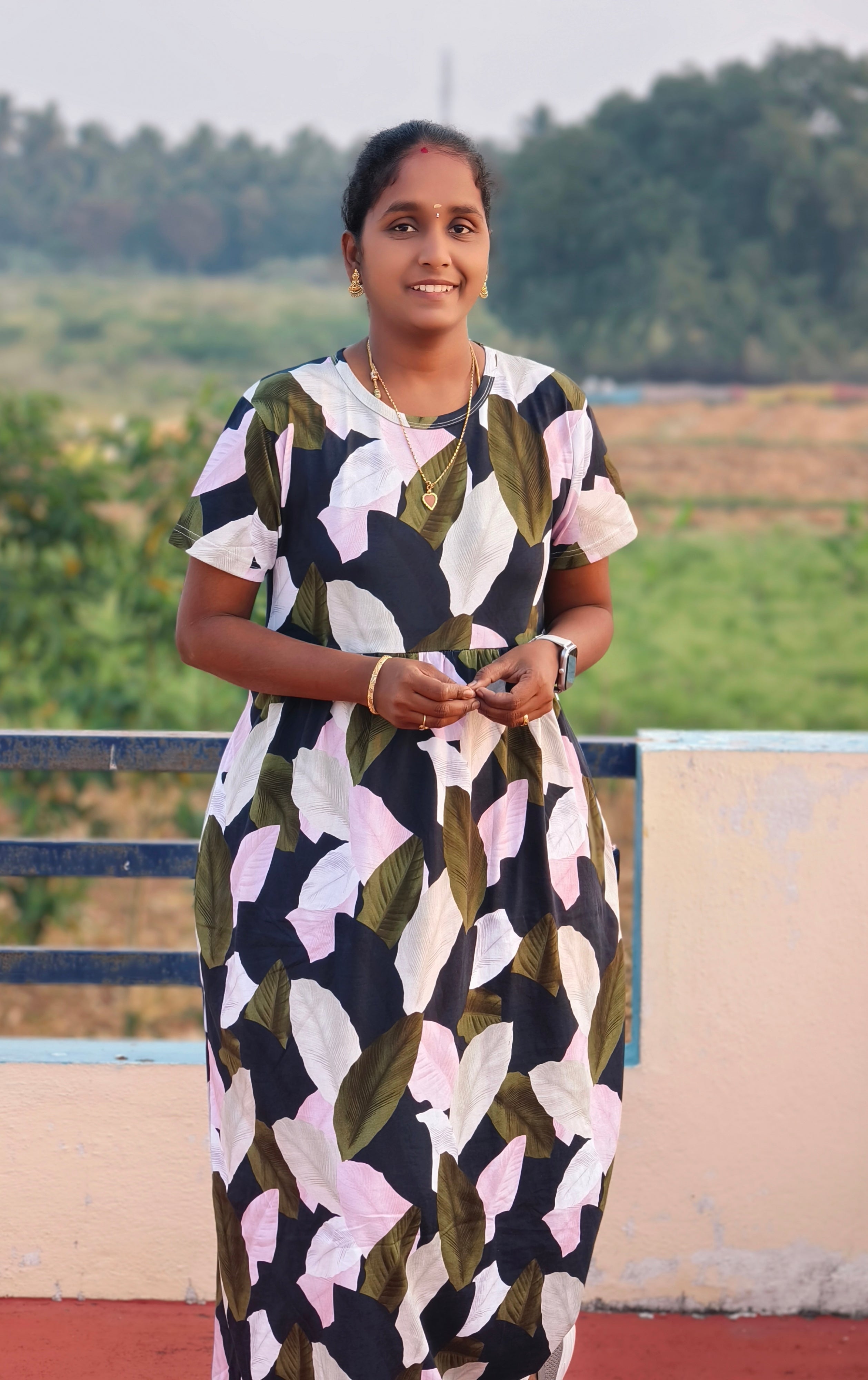 Multi  leaf print round neck Non feeding maxi