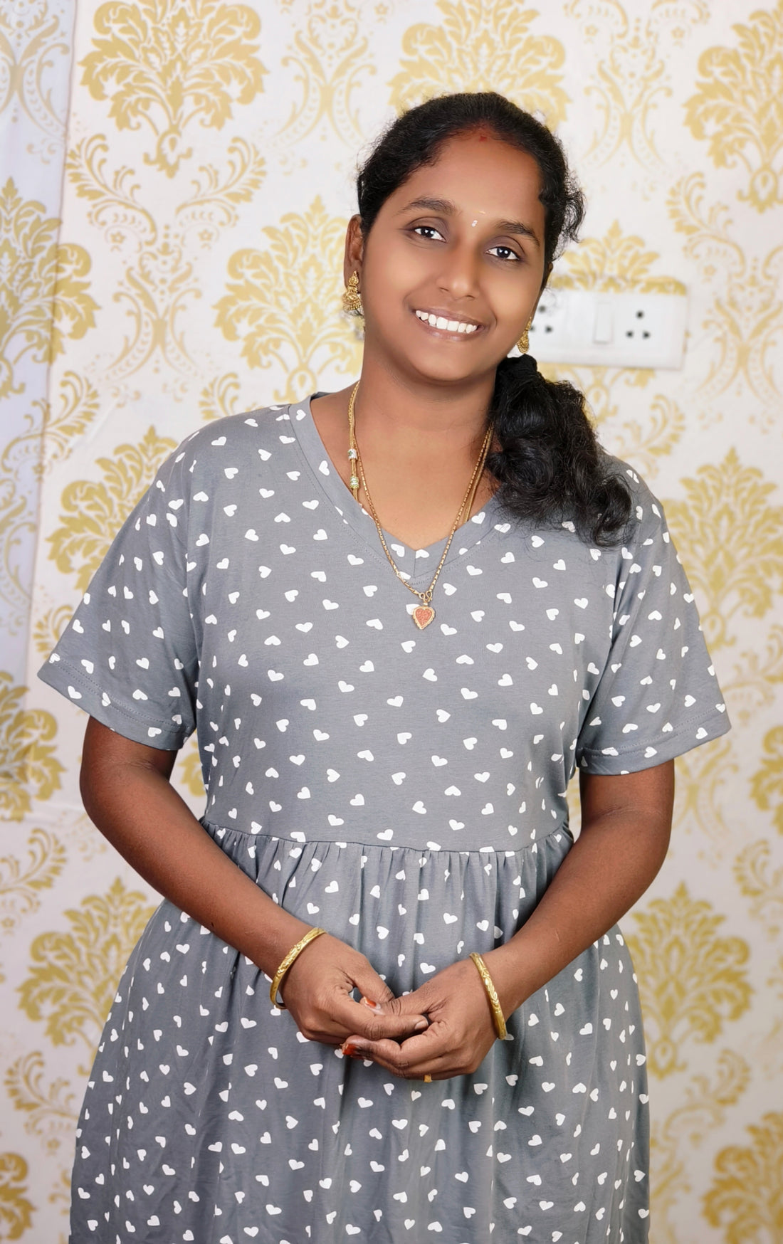 Grey heart print V NECK NON FEEDING MAXI