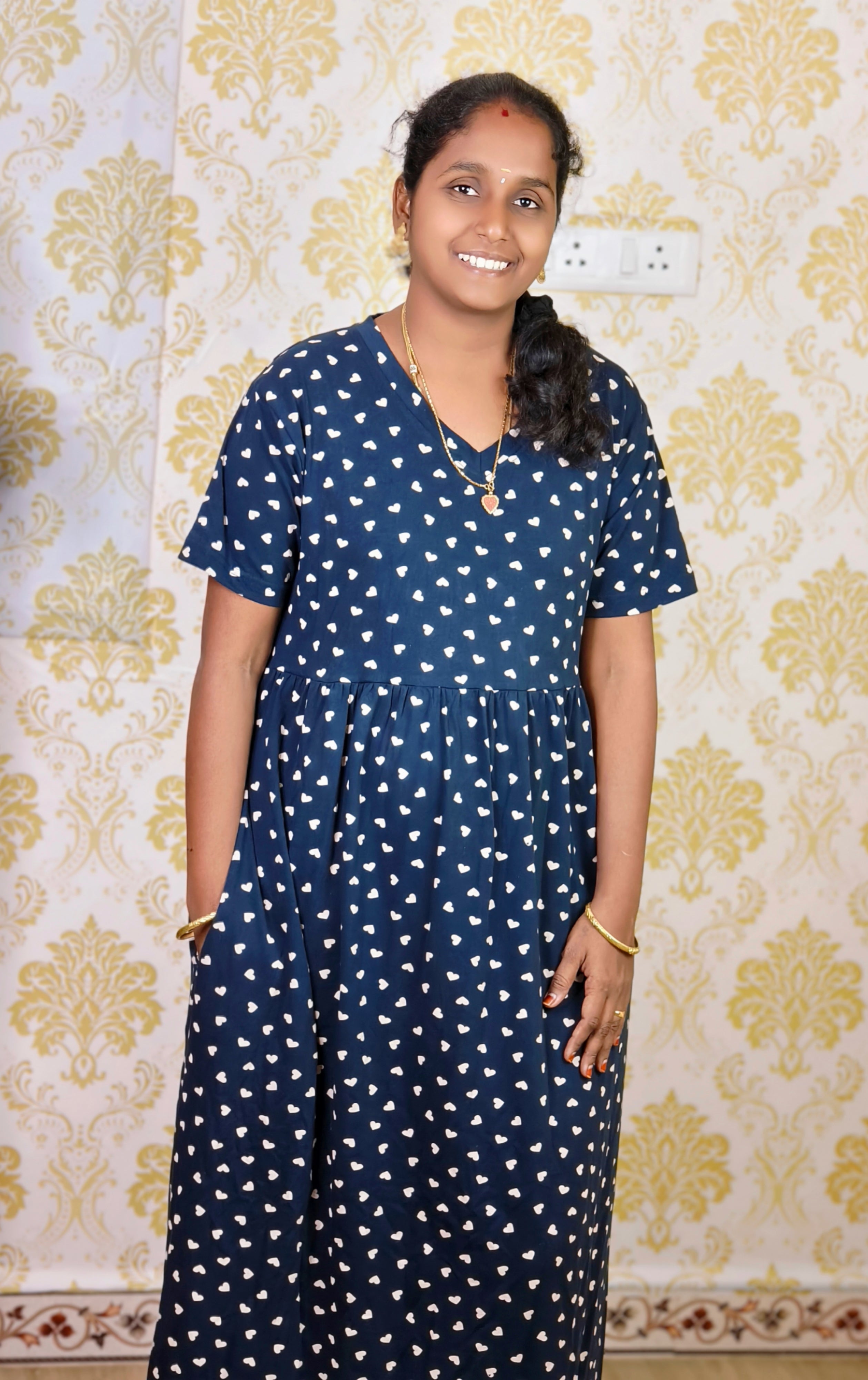 Dark Navy heart print V NECK NON FEEDING MAXI