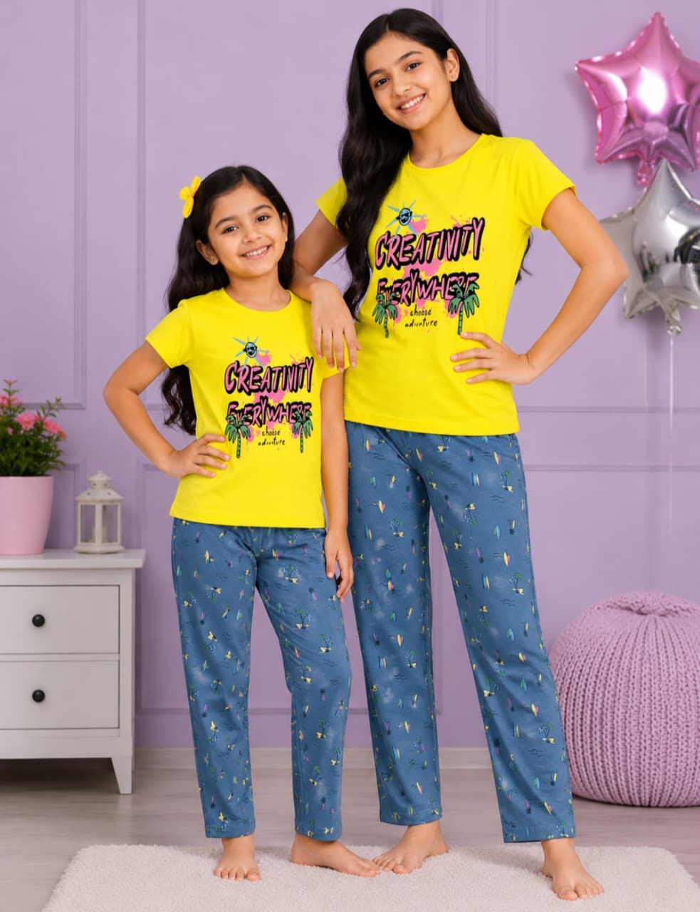 Yellow  print Pyjamas Set Age 5-14 yrs