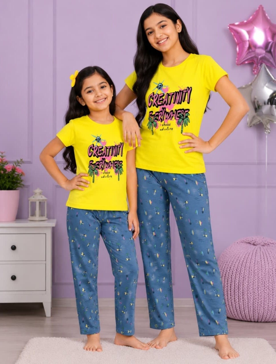 Yellow  print Pyjamas Set Age 5-14 yrs