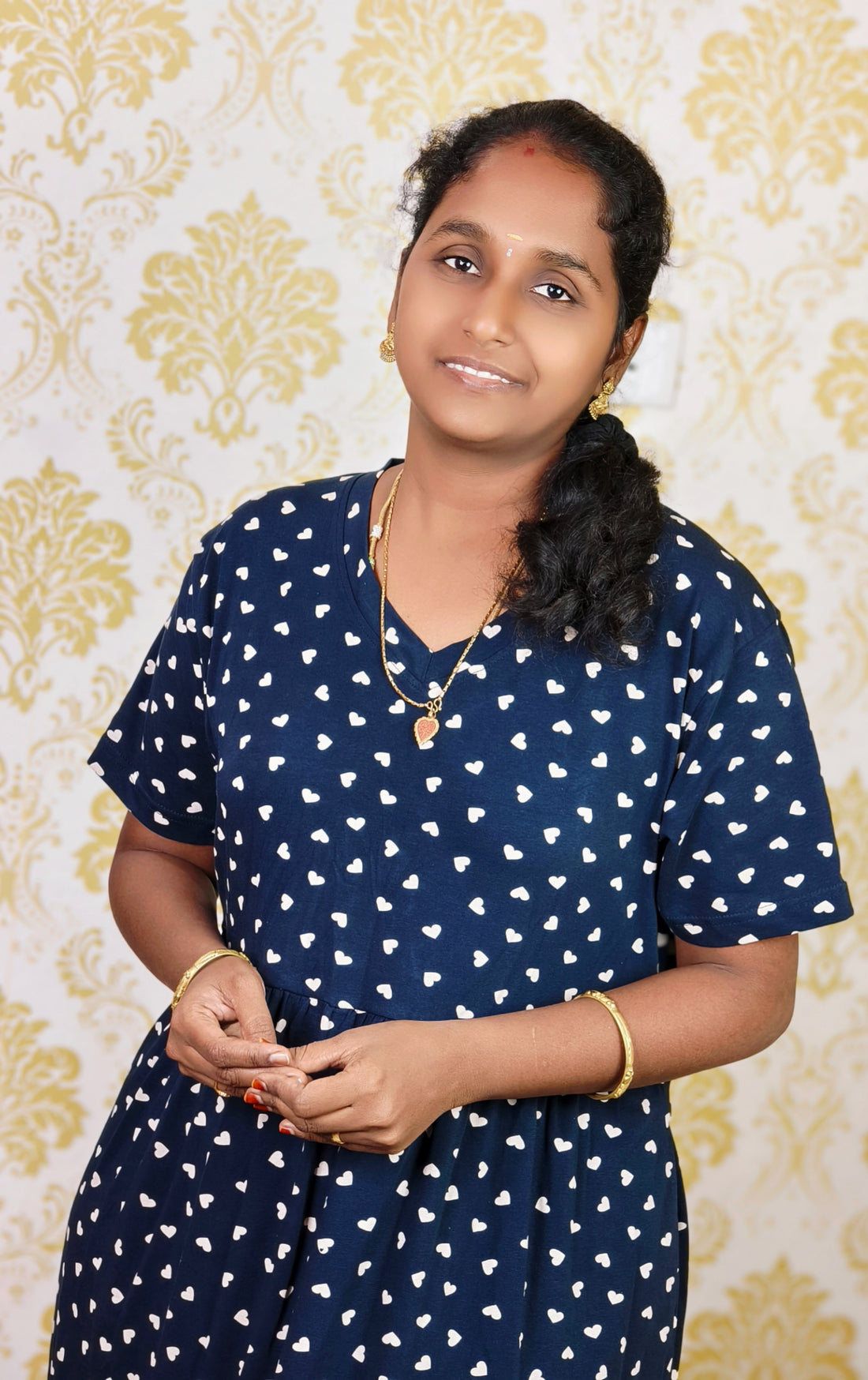 Dark Navy heart print V NECK NON FEEDING MAXI