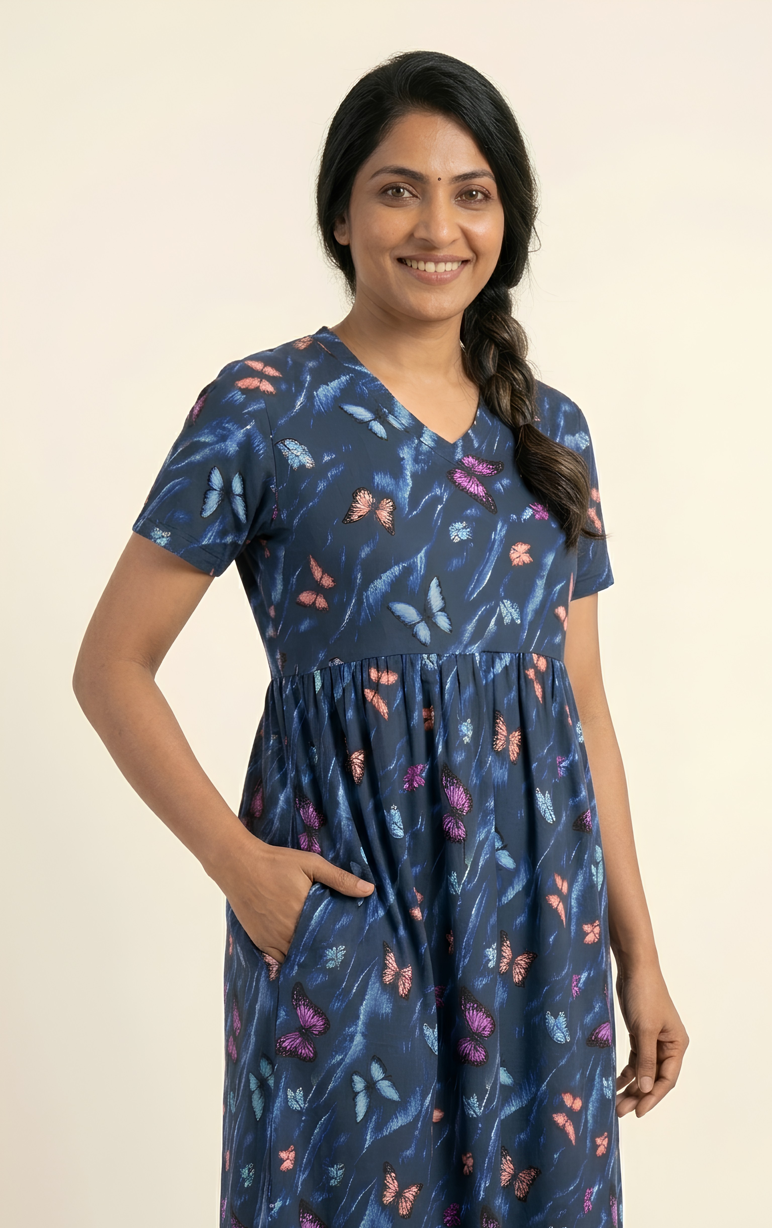 Dark NavyButterfly  print V neck Non feeding maxi