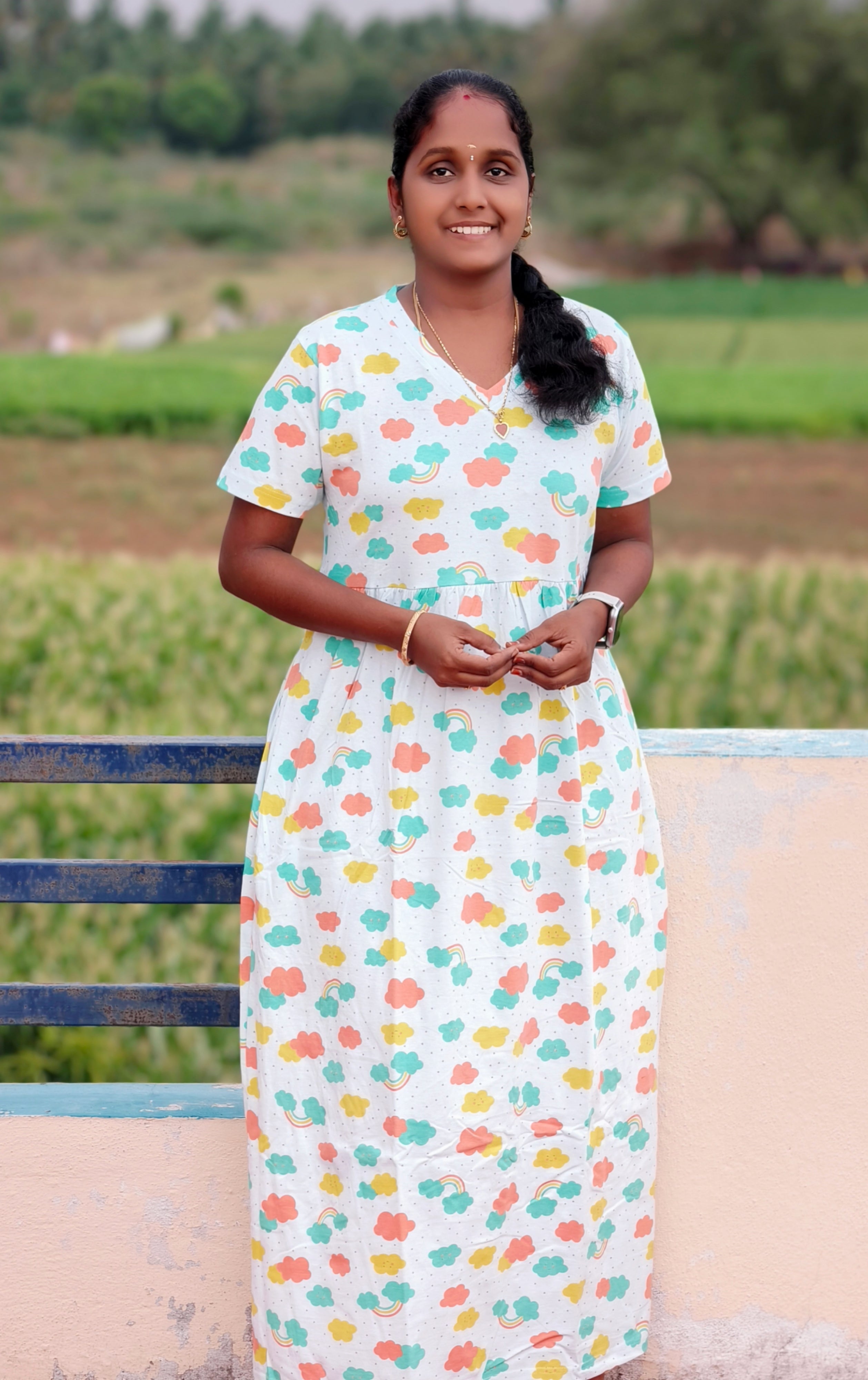 New collection Lite blue sky print V neck Non feeding maxi