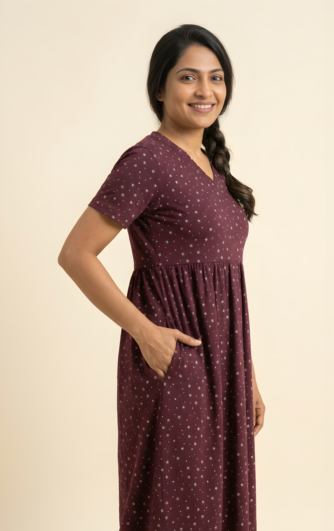 Maroon print V neck Non feeding maxi