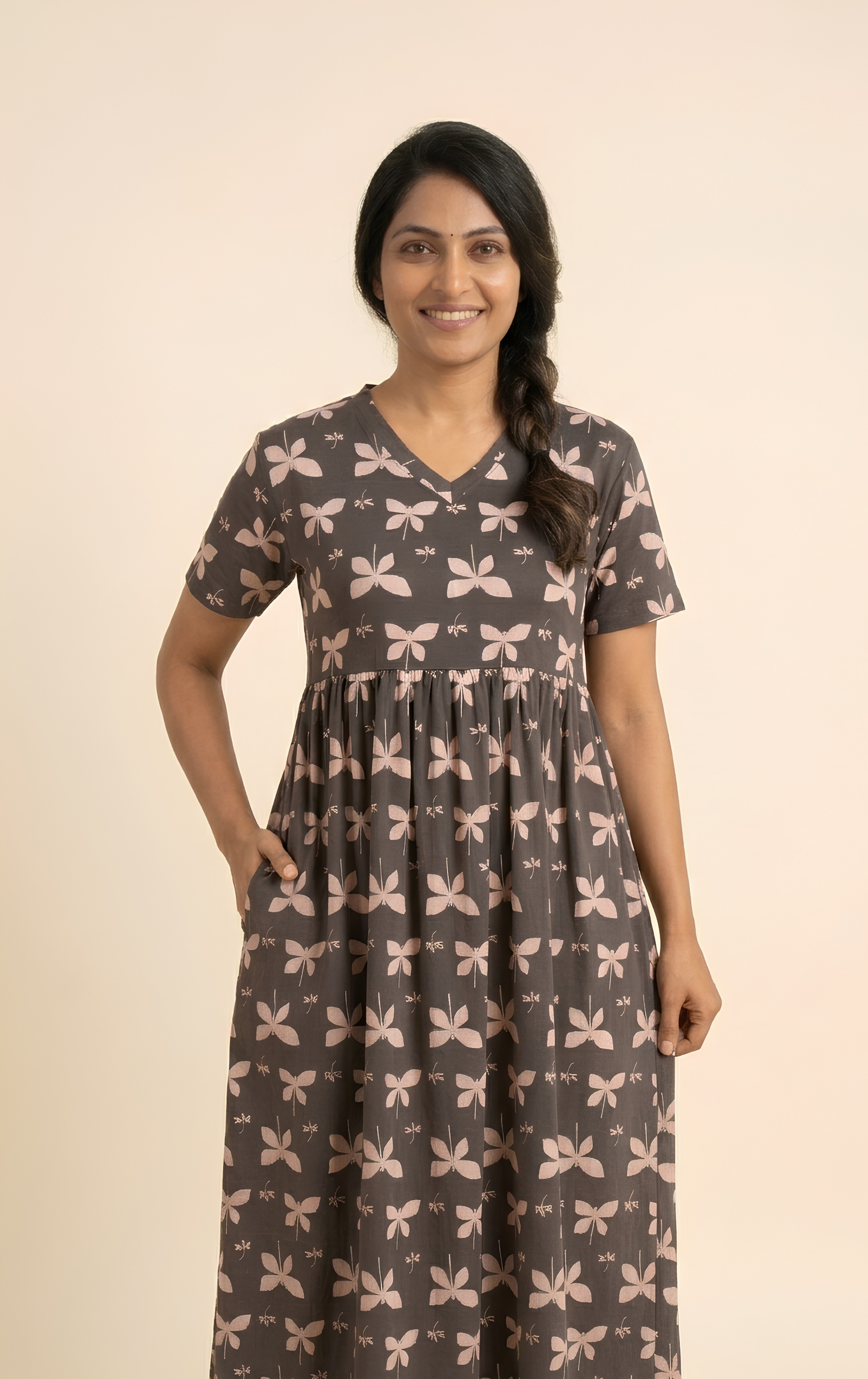Dark grey black shade print V neck Non feeding maxi