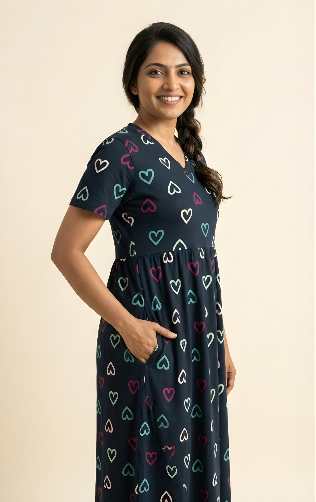 Dark Navy heart print V neck Non feeding maxi