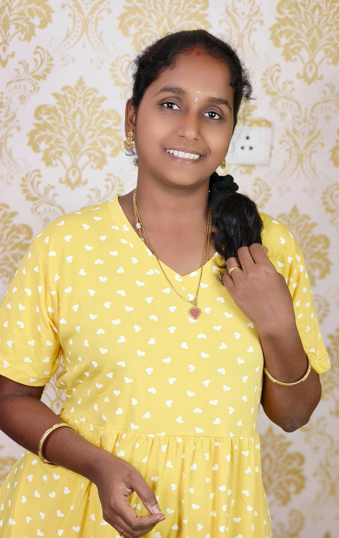 Yellow heart print V -NECK NON FEEDING MAXI