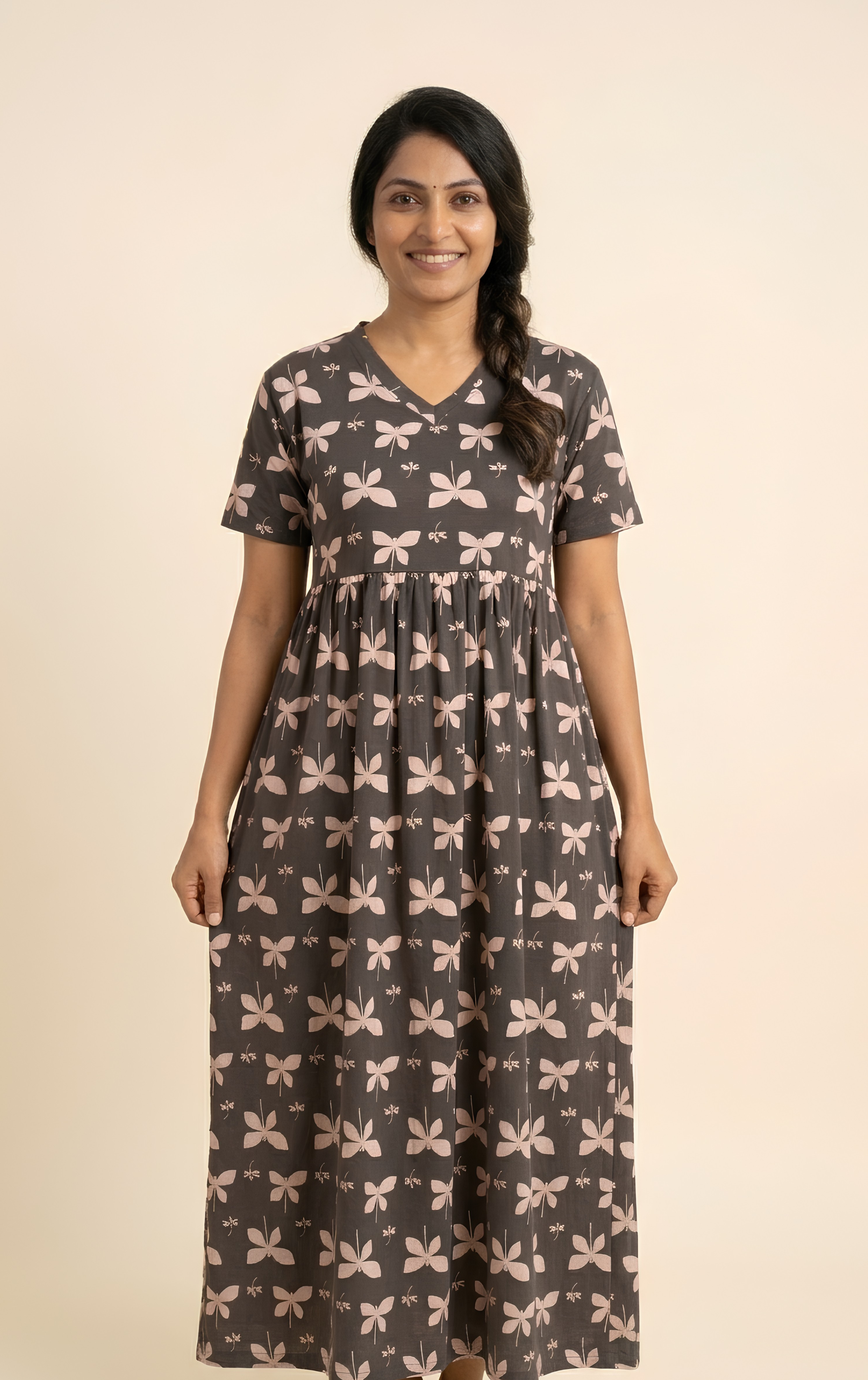Dark grey black shade print V neck Non feeding maxi