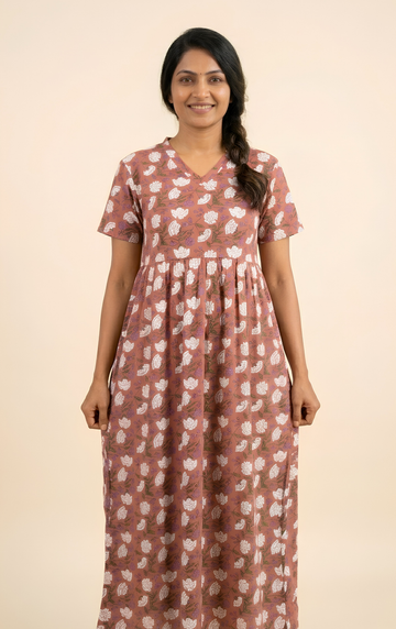 Brown flower print V neck Non feeding maxi