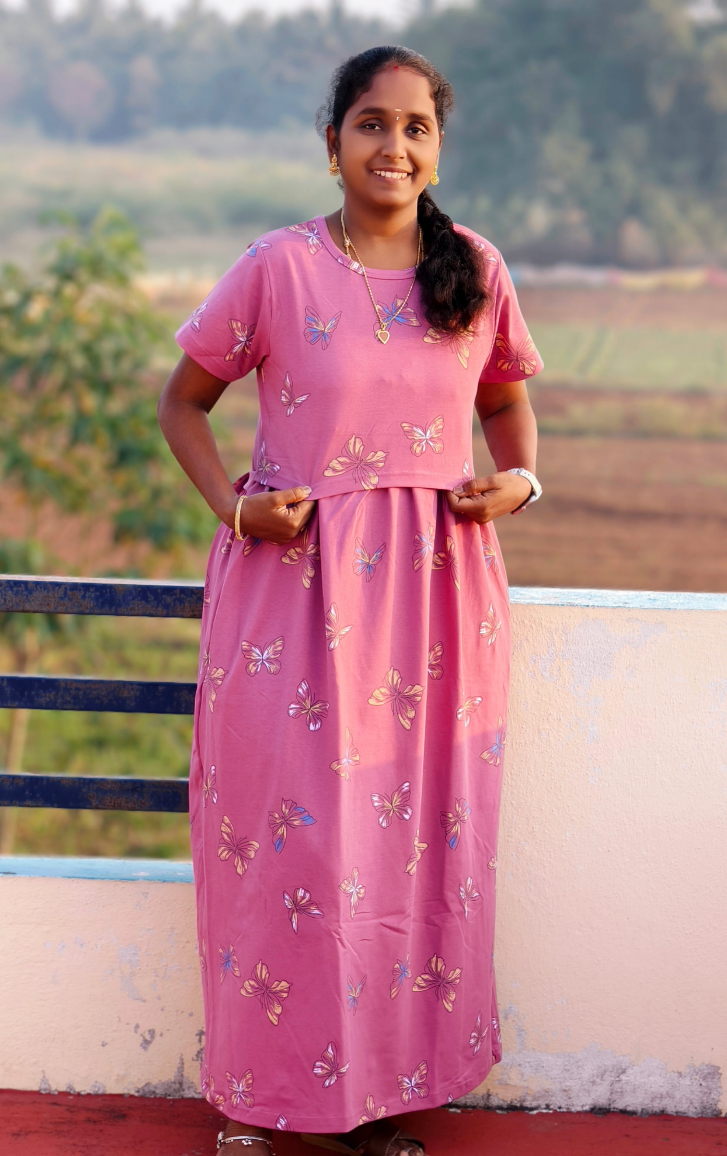 Butterfly  pink print Zipless feeding maxi